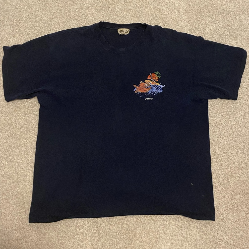 Navy Blue Printed T-Shirt. Size 2XL. Designer frayed collar. Design faded.